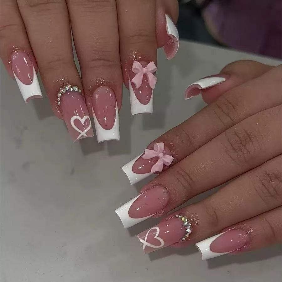Hot-selling manicure sweet and cute white French love flash diamond bow long wearing nail piece Delivery jelly glue + rubbing strips