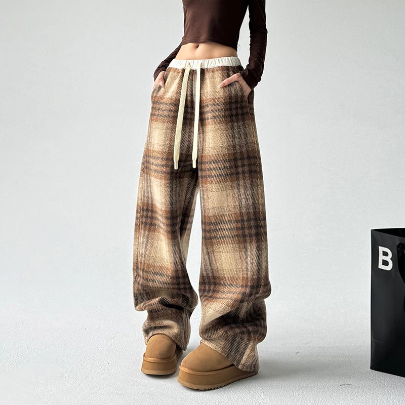 Women's Winter Fleece-lined Woolen Plaid Pants High Waist Loose Straight-leg Casual Thickened Slouchy Floor-length Trousers