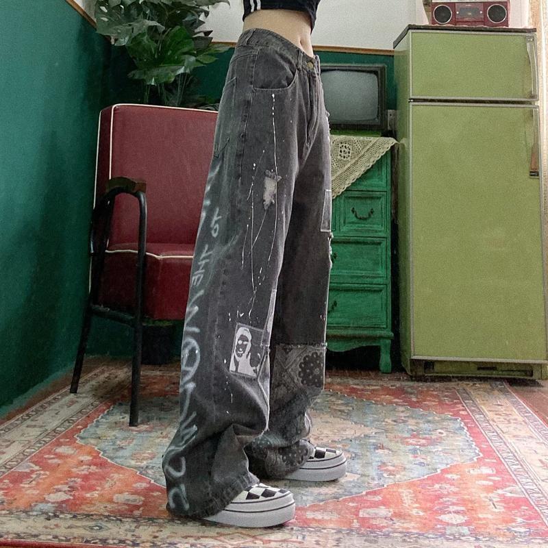

Крутые женские свободные винтажные женские брюки, модные женские мешковатые джинсы в стиле Харадзюку, женские брюки, повседневные забавные готические брюки, летние джинсы M чёрный