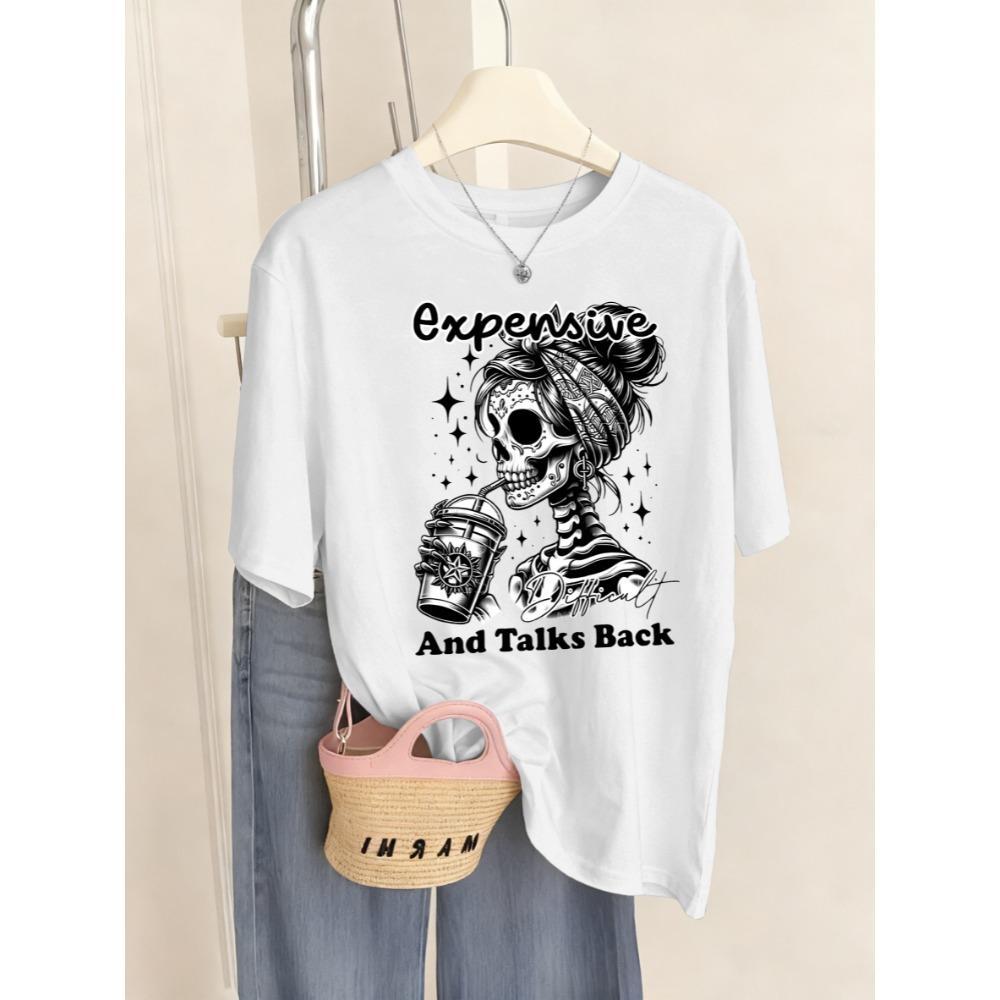 Expensive Talks Back Coffee Skulls Prints T-Shirt Women Sport Breathable T Shirts Crewneck Y2K Short Sleeve Tops