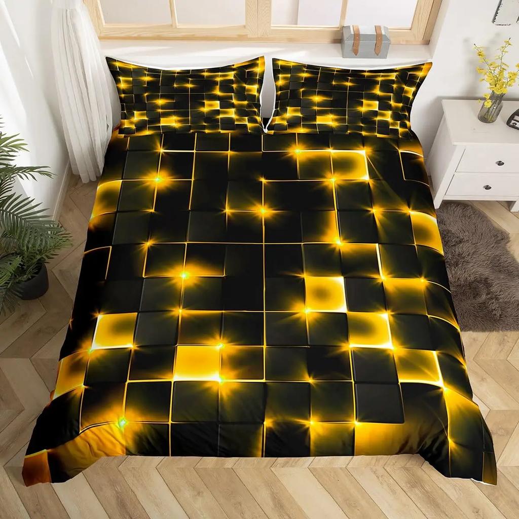 Abstract King Duvet Cover Modern Geometric Grid Square Bedding Set Red and Black Neon Light Line Geometry Themed Quilt Cover
