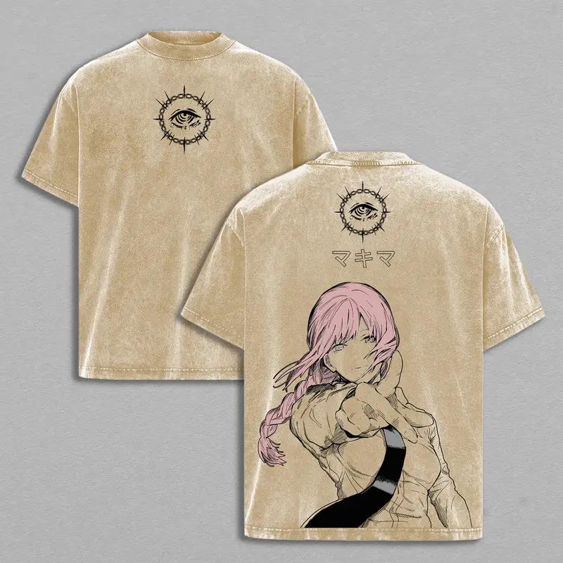Makima Chainsaw Man Graphic T-shirt Manga Harajuku Washed Oversized T Shirt Men Women Clothing Cotton Short Sleeve Casual Tees