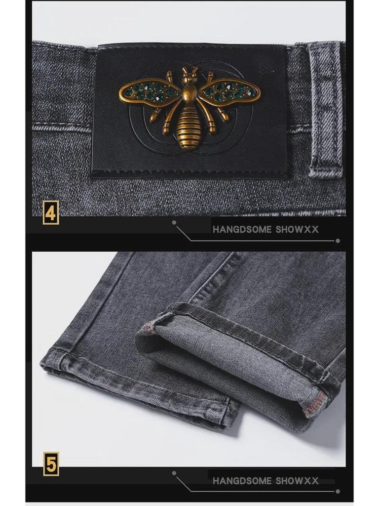 Herren Slim Fit Europäische Jeans mit Bienenstickerei