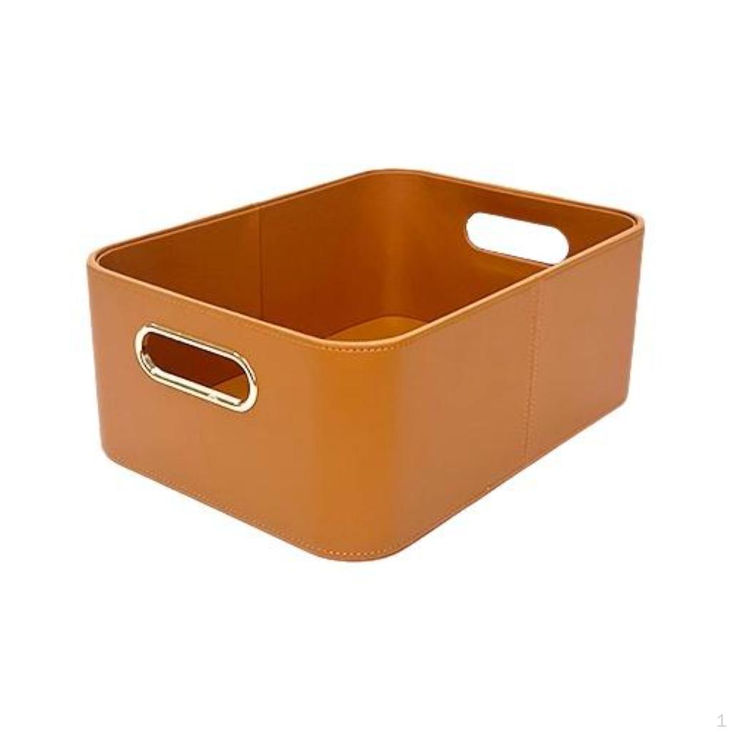 Storage Basket, Leather Organizer Bin with Handle, Desktop, Living Room, Brown 26.5x20.5x14.5cm Warm
