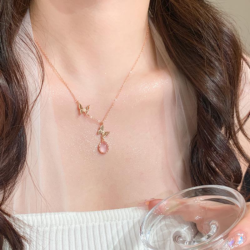 

S925 Silver Pink Crystal Butterfly Necklace - Elegant Women s Pendant Jewelry