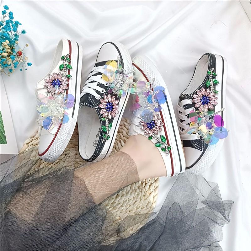 Fashion Shoes for Women Summer New Diamond Sequin Flower Low Top Casual Shoes Flat Bottom Lace Up Fashion Dance Shoes  Slippers Women