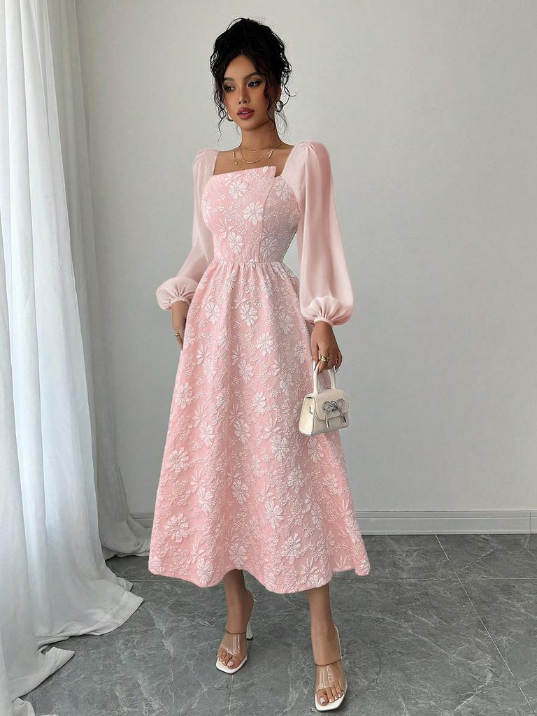 New Ruffles Lace Dress Blue Chiffon High Waist Square Neck Dress for Women