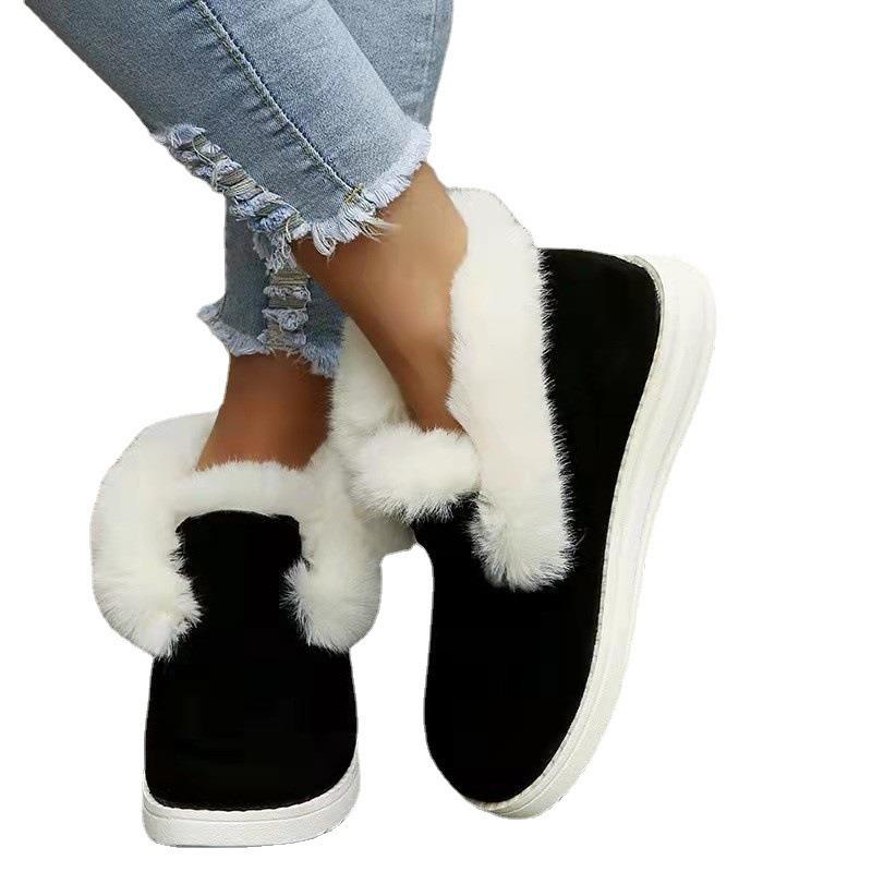 Winter new flat-bottomed snow boots for women, piled and thickened fluff to keep warm, large size flanged fluff neckline cotton shoes for women