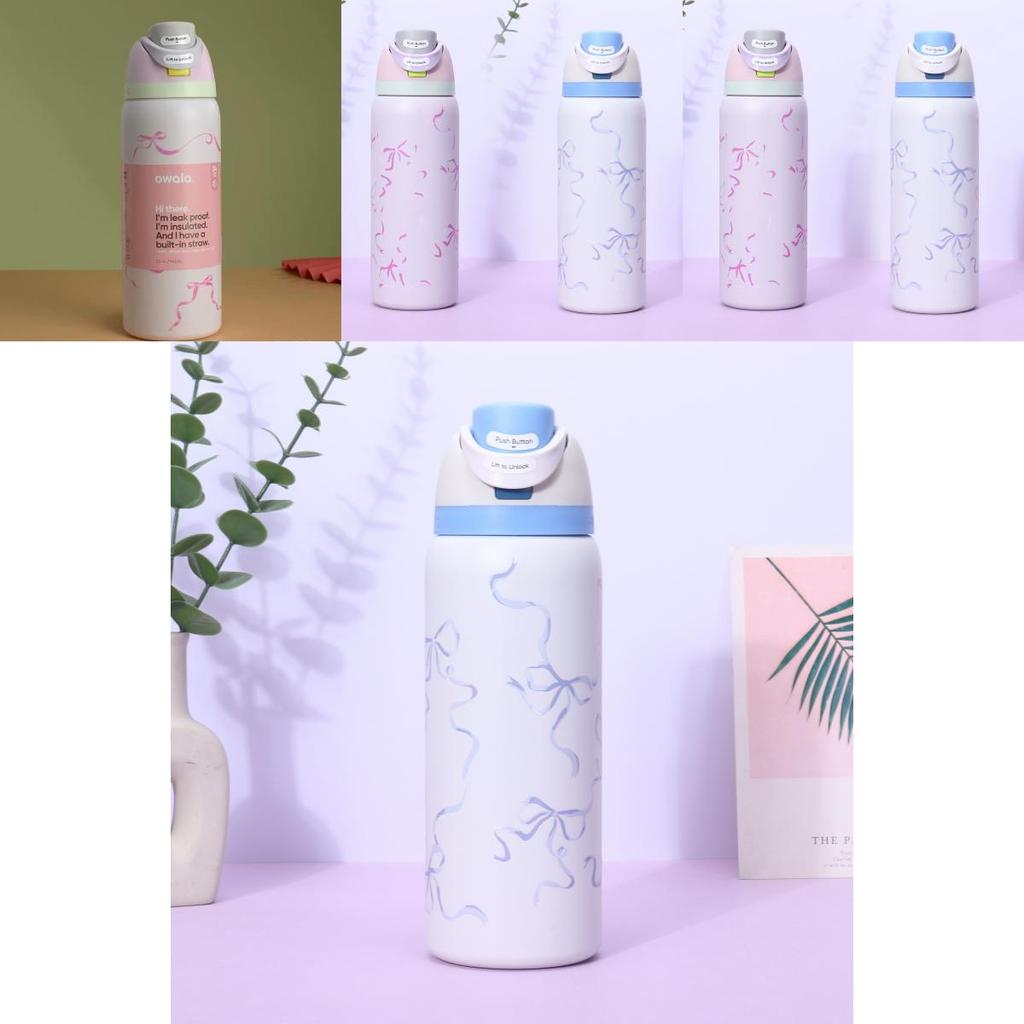 Ribbon Bow Pattern Print Insulated Water Bottle With Reusable Straw For Camping And Travel
