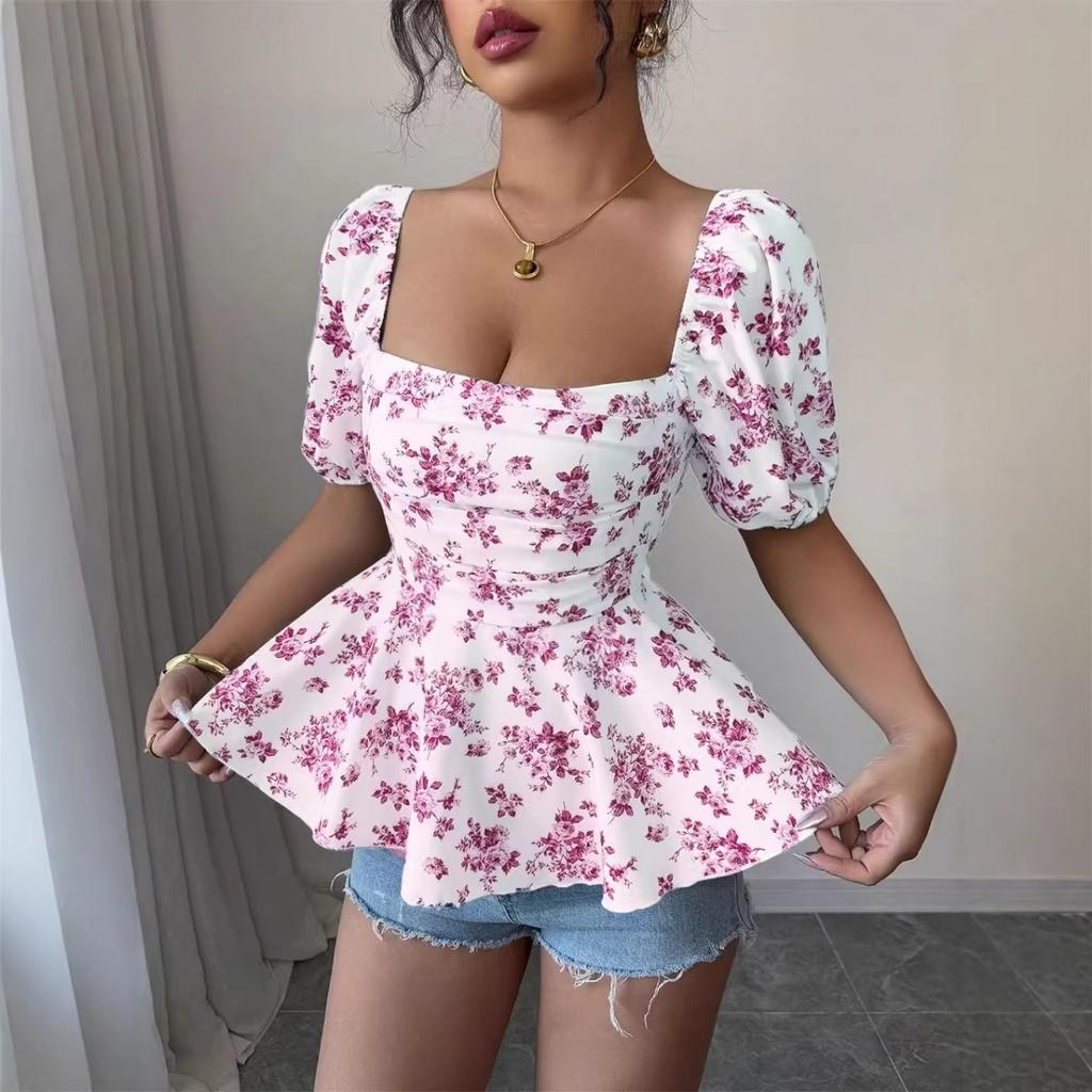 Spring Summer New Arrival Women's Square Neck Smocked Print Short Sleeve Top Fashion Slim Fit Sexy Casual Blouse