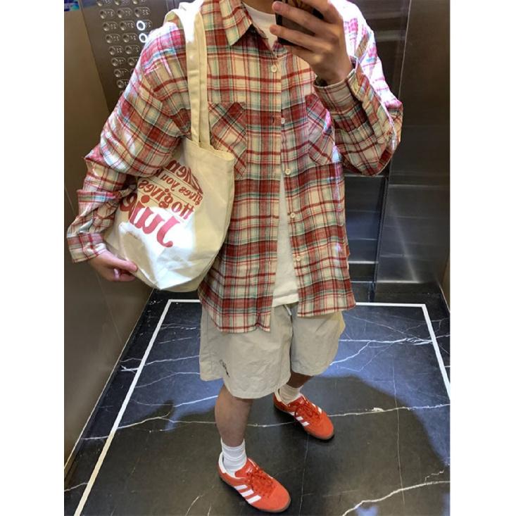 Hemd Langarm Jungen Frühling Neu Amerikanischer Stil Locker Revers Kariertes Hemd Vintage Trendig Lässig Einfach zu Kombinieren Mantel