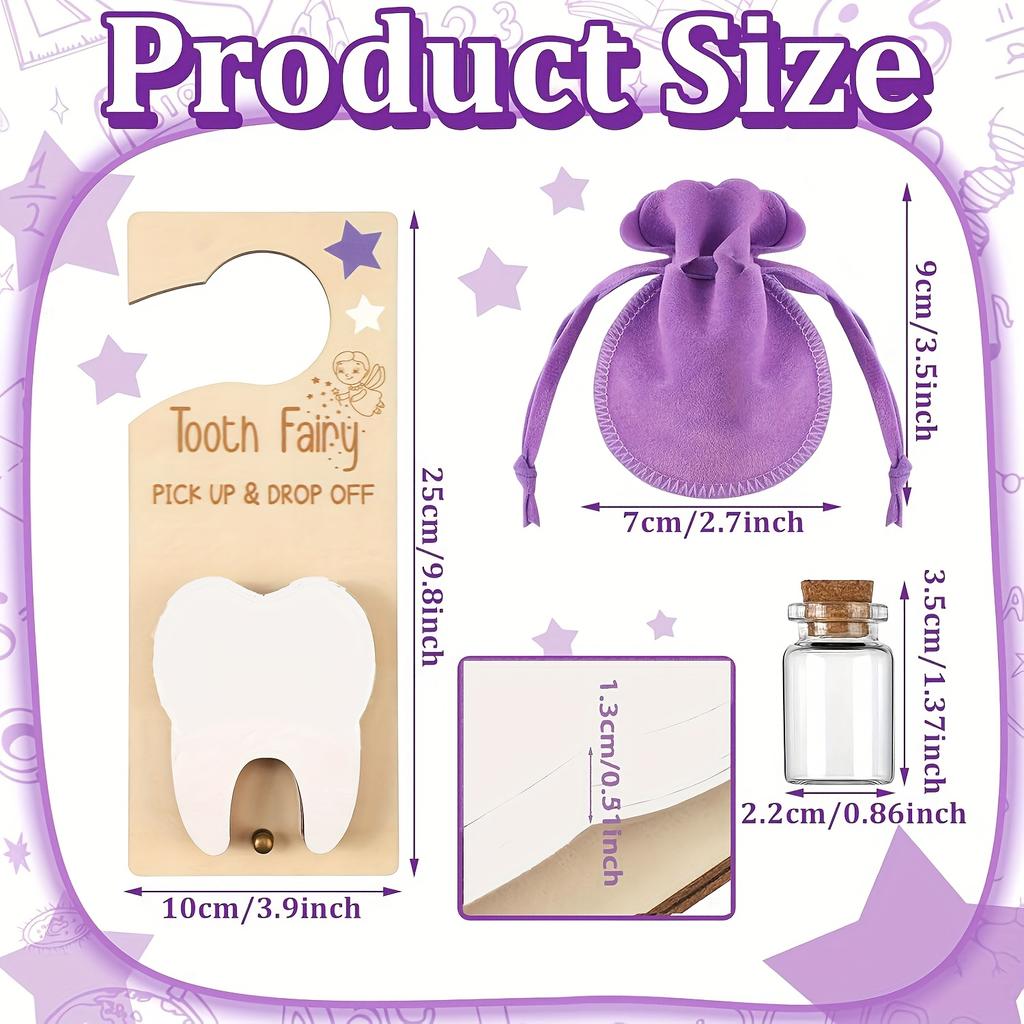 Tooth Fairy Kit Includes Wooden Tooth Pendant, Glass Bottle, Storage Bag, Suitable for Lost Teeth Period,Birthday Parties,Holiday Parties,Mother'S Day