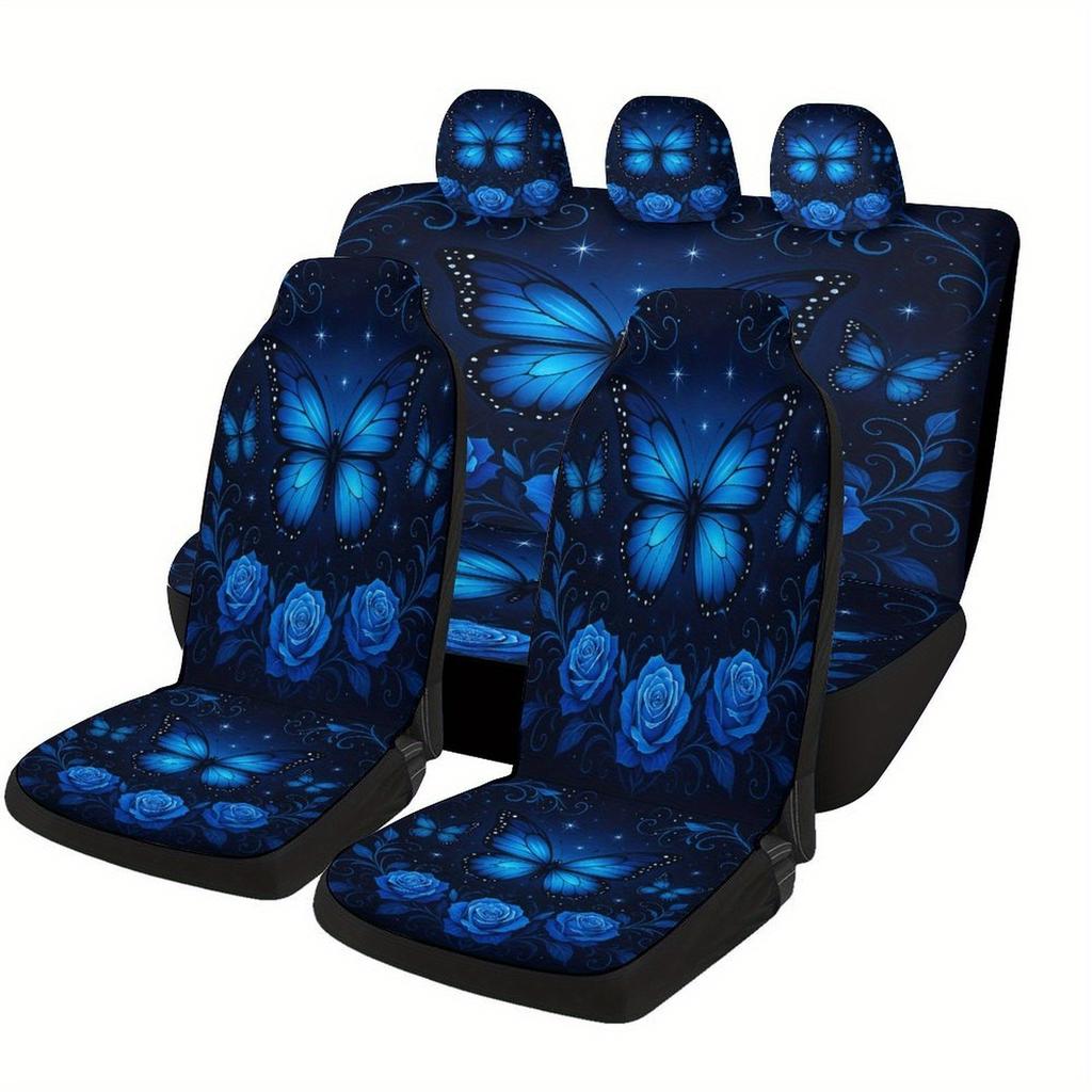 Blue Butterfly Roses Designed Car Seat Cover Set For Most Cars, High-quality Comfortable Car Seat Protector Covers Full Set, Uni