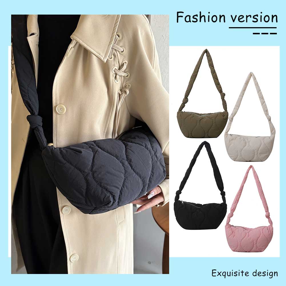 Female Puffer Shoulder Bag Trendy Soft Down Cotton Pillow Shopper Bag Lightweight Quilted Simple Crossbody Bag for Teenage Girls