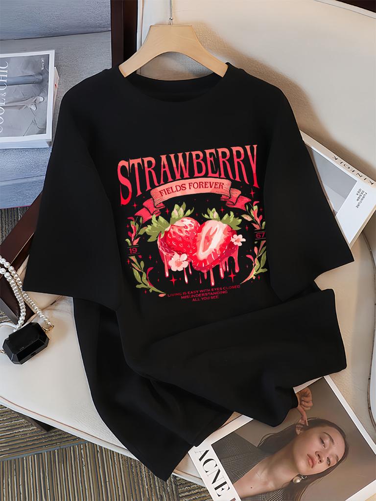 Strawberry Fields Forever Print T-Shirts Damen Atmungsaktives Baumwoll-T-Shirt Hip Hop Locker Streetwear All-Match Freizeitkleidung