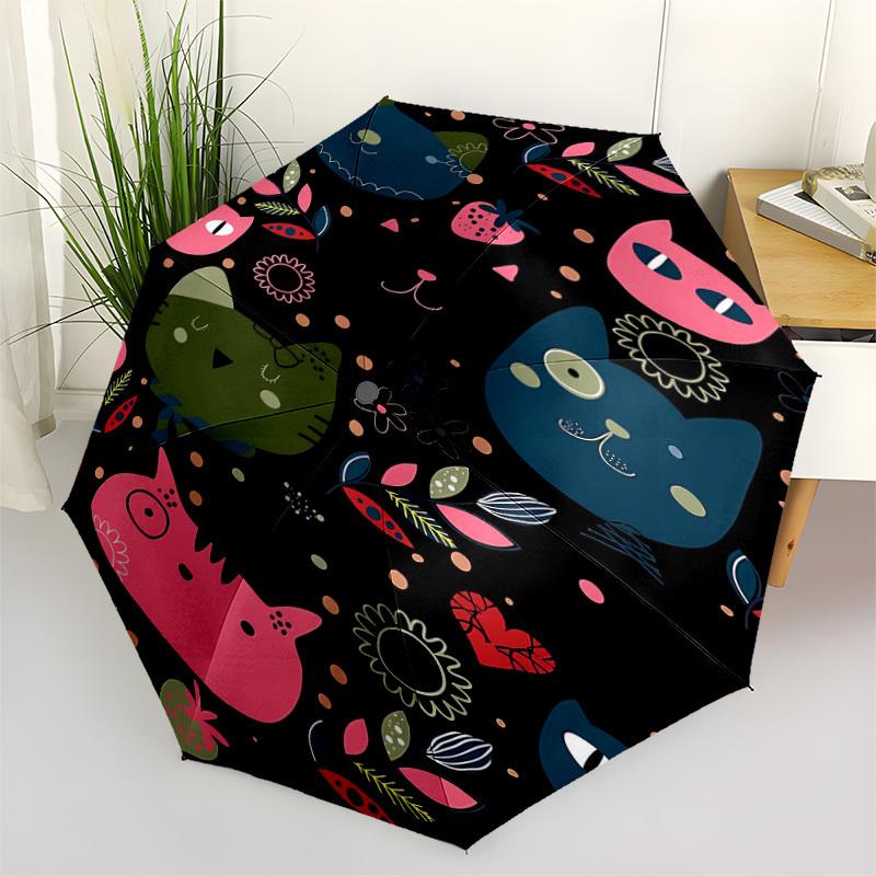 1pc Cats Flowers Automatic Folding Umbrella, 8-Rib Durable Iron Frame, Compact Travel Umbrella for Women & Men 054