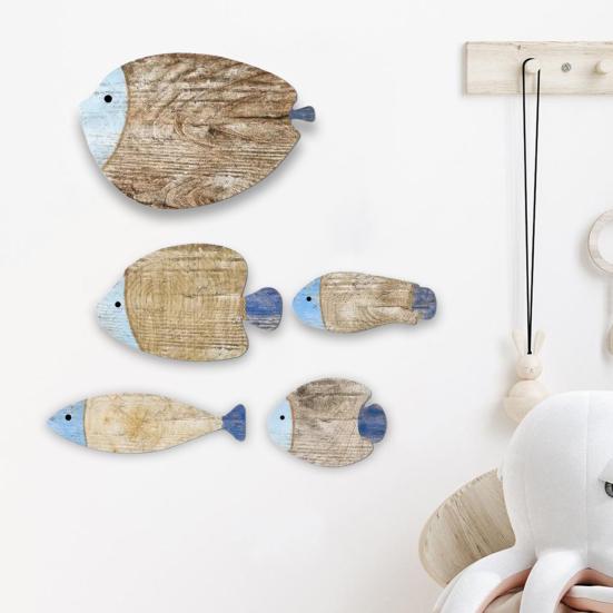 5Pcs/Set Vintage Wooden Fish Wall Decoration Nautical Coastal Ocean Theme Hanging Ornament School of Fish Beach Lake House Bathroom Wall Art