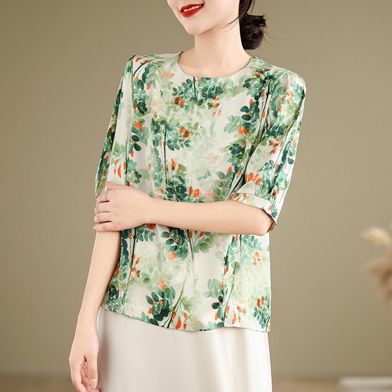 

Футболка с короткими рукавами в западном стиле большого размера для пожилых женщин среднего возраста, весна-лето, шифоновая рубашка, топ, блузки и рубашки 2XL