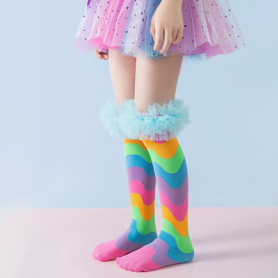 Dziecięce tęczowe podkolanówki Kolorowe podkolanówki Dziewczęce śmieszne skarpetki do butów z tiulową falbanką na imprezy przebierane Wydarzenia świąteczne