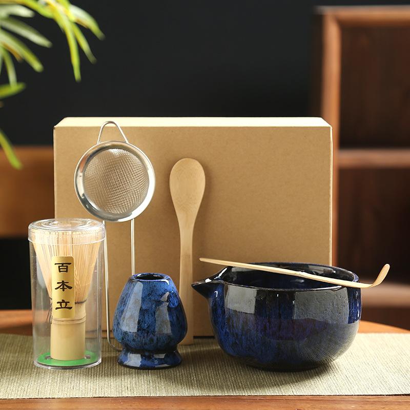 6PCS Matcha Tea Set Ceramic Matcha Bowl Bamboo Whisk Scoop Teaspoon Sifter Vintage Song Dynasty Tea Ceremony Kit