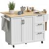 Kitchen Island, Folding Top, 2 Outlets, 2 USB Ports, Trolley on Wheels, 3 Drawers, White