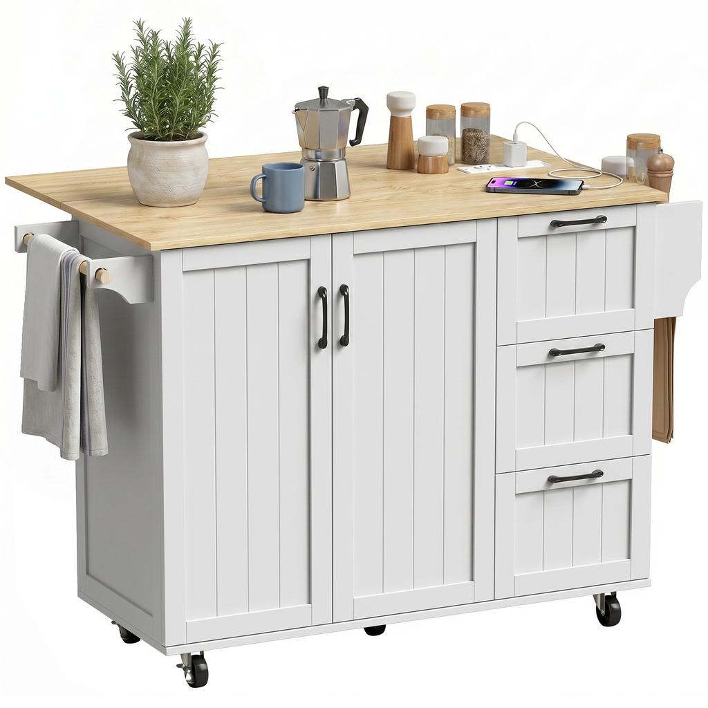 Kitchen Island, Folding Top, 2 Outlets, 2 USB Ports, Trolley on Wheels, 3 Drawers, White