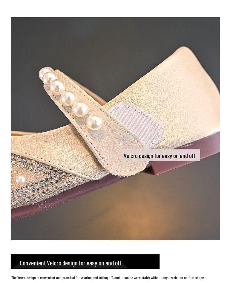 2026 Spring Girls' Princess Pearl Bow Leather Dress Shoes with Rhinestones - Korean Style, Soft Sole