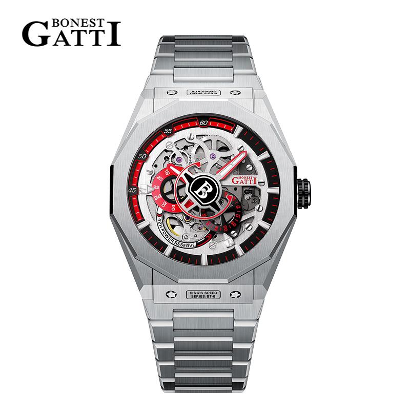BONEST GATTI Men's Watch German Automatic Mechanical Skeleton Luminous Stainless Steel Bracelet Men's High-End Watches