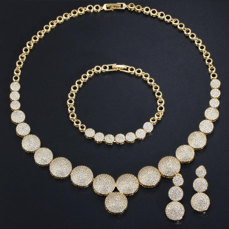 T0142 Bridal Dinner Wedding Full Diamond Accessories, High-End Zircon Round Necklace Earrings Bracelet Three-Piece Set
