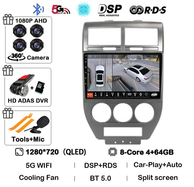 Android 14 Auto 4G+WIFI For Dodge Caliber Jeep Compass 1 MK Patriot 2006 - 2010 Car Radio Multimedia Video Player GPS 360 Camera