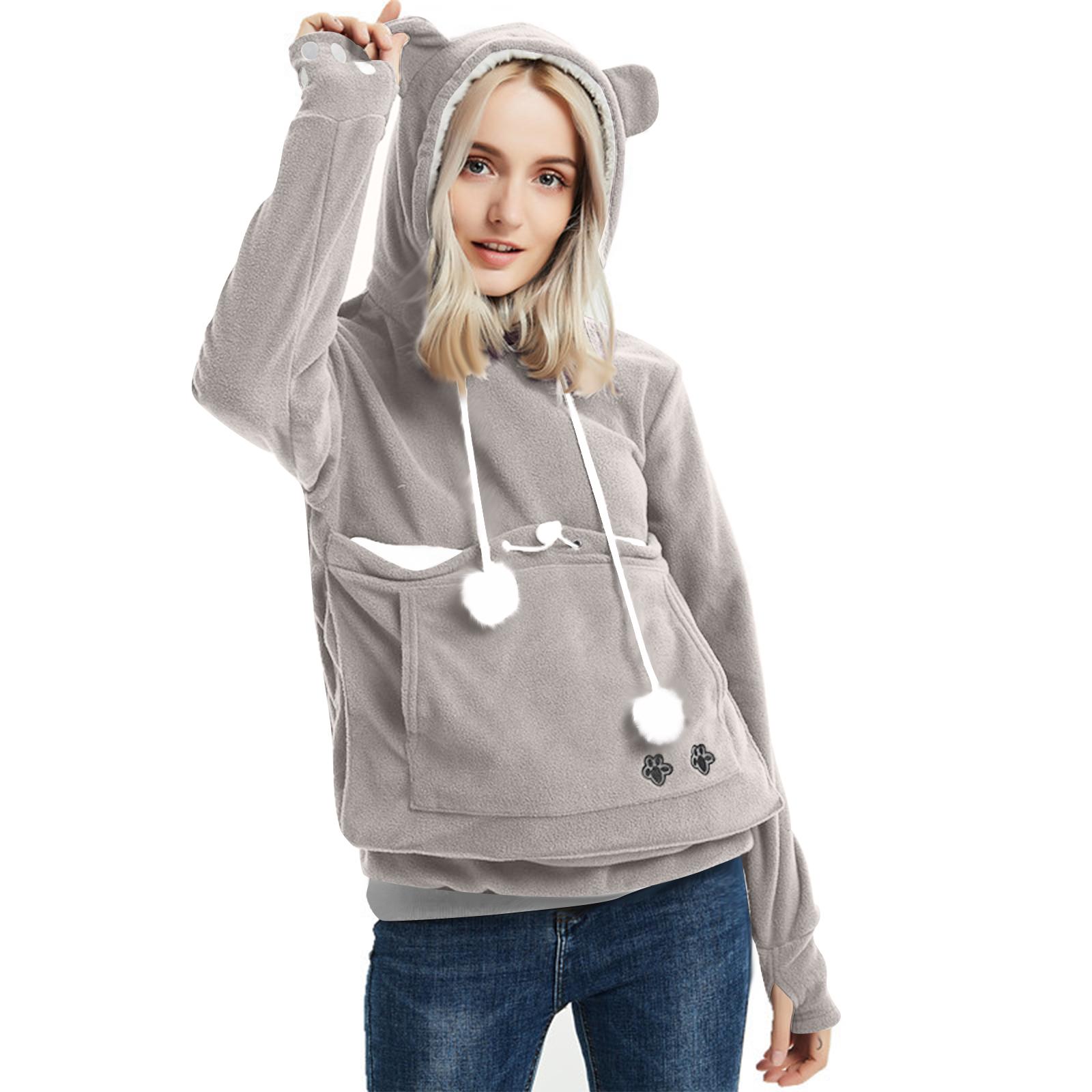 

Women s Fashion Casual Top Solid Color Long Sleeve Pet Pocket Hoodie Sweatshirt XXL