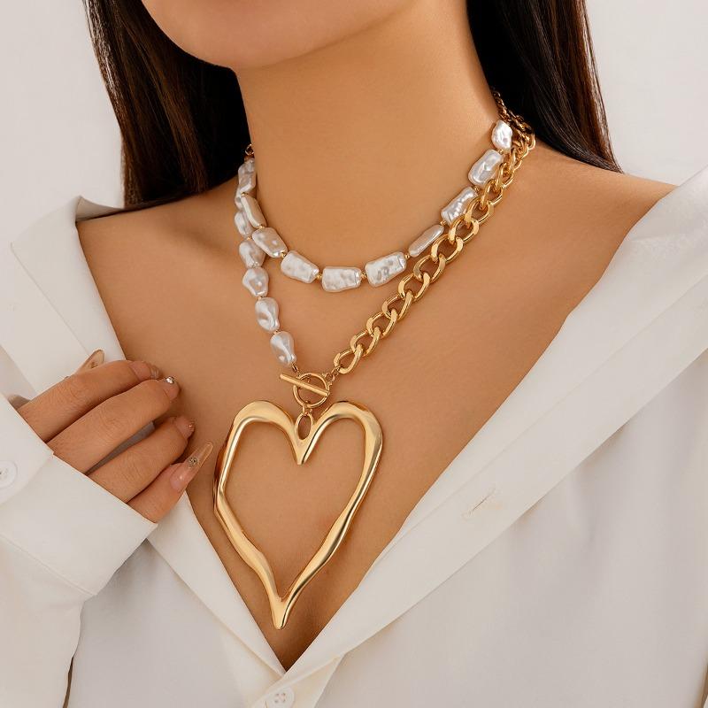 Sweet Cool Girls Big Love Heart Beaded Necklace for Women Exaggerated Multi-layered Baroque Imitation Pearls Necklace Jewelry