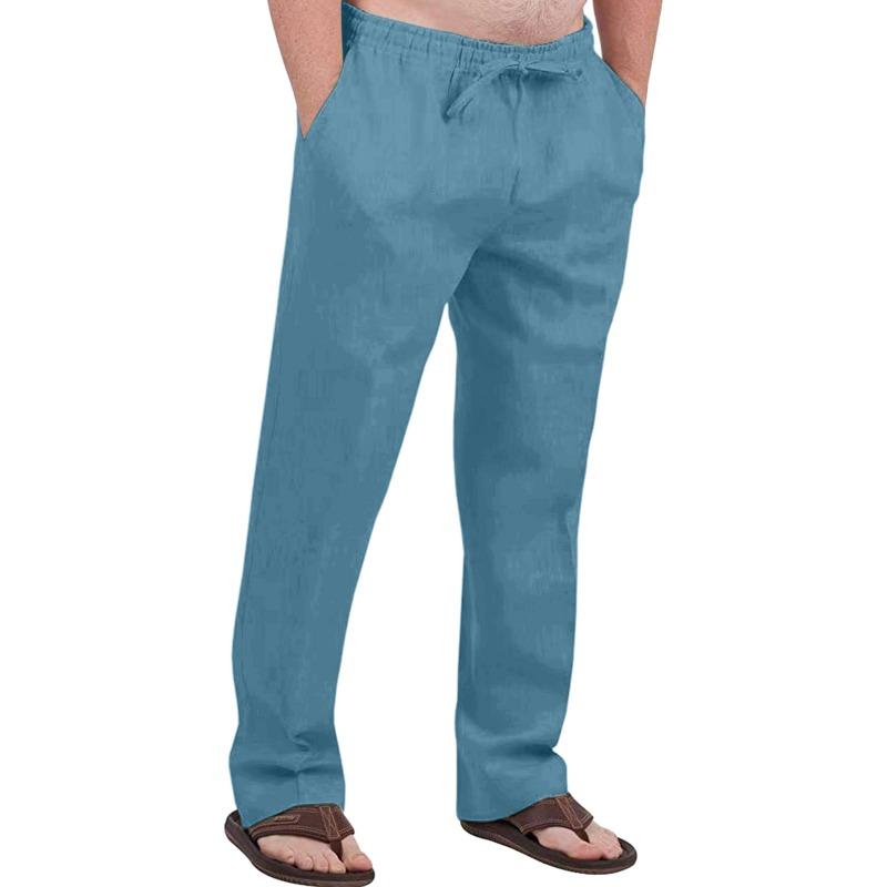 Herren Freizeit Atmungsaktive Baumwoll-Leinen Kordelzug Hose – Atmungsaktive Sommer Strandhose