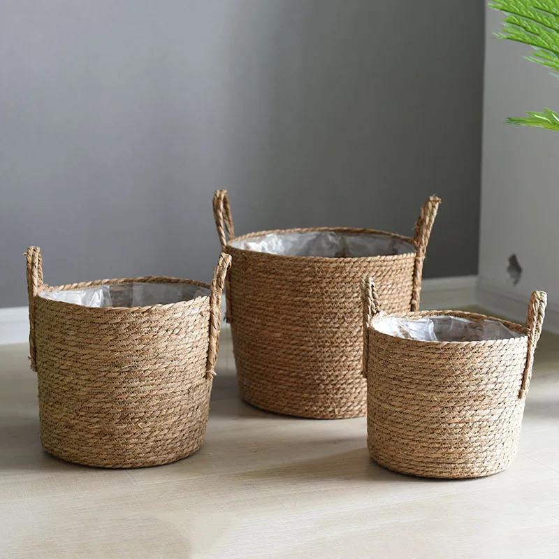 Nordic Extra Large Straw Flower Pot Seaweed Storage Basket Potted Plant Flower Basket Plant Basket Woven Floor Indoor Flower Pot
