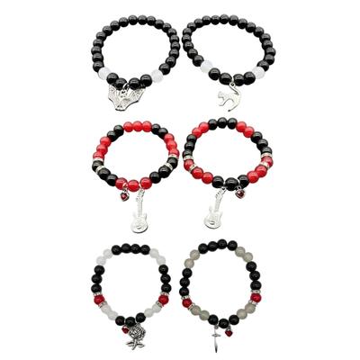 Black Red White Beaded Bracelets with Bat Cat Rose/Guitar Heart Pendant Wrist Chain Bracelet Unique Gifts for Couples