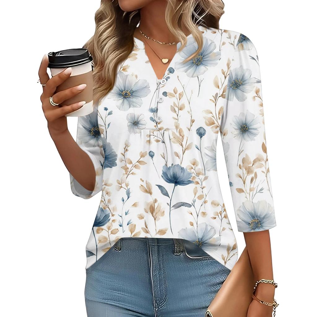 Women's Fashionable Casual Retro Floral V,Neck Decorative Button Three,Quarter Sleeve T,Shirt Top
