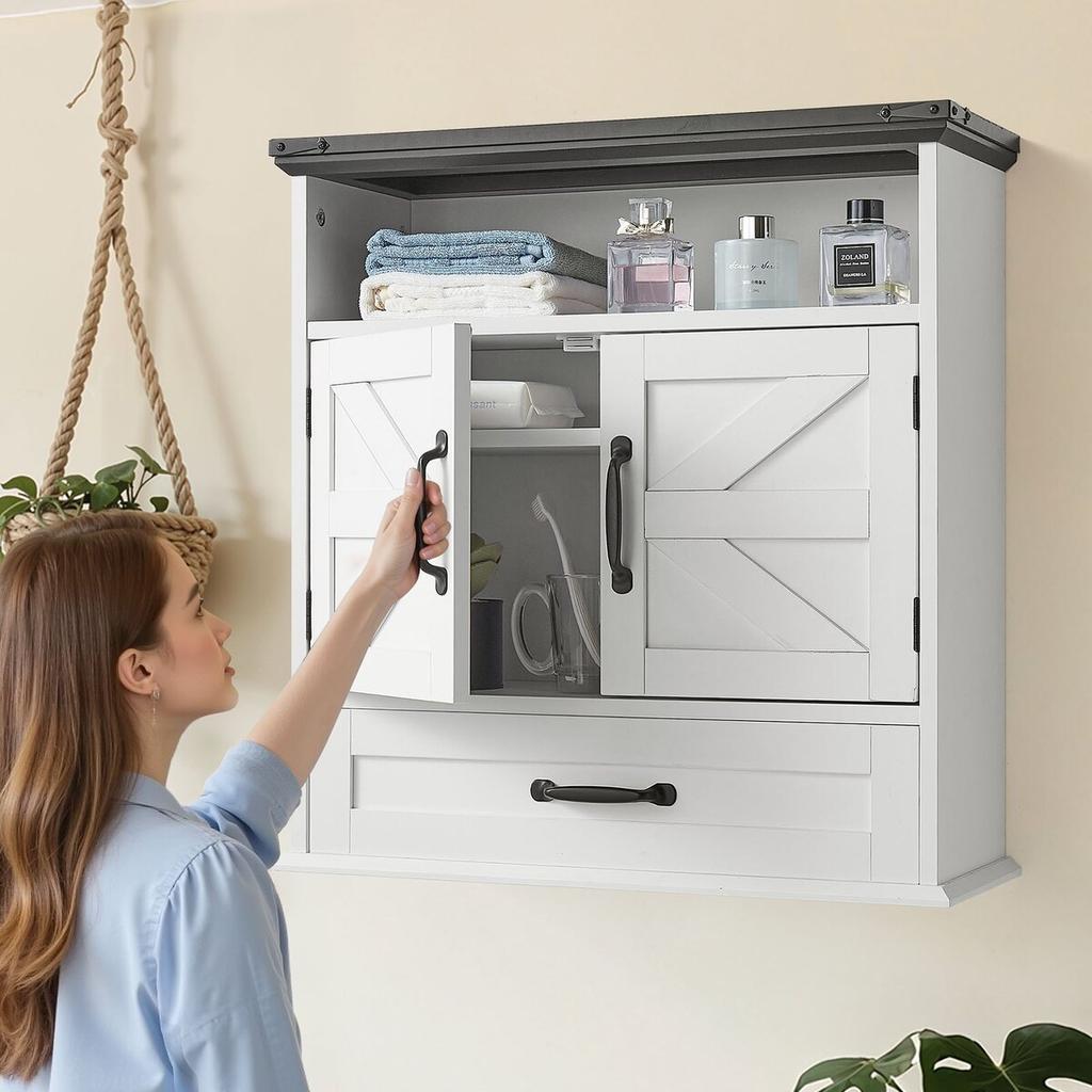 Bathroom Wall Cabinet, 2 Doors & Adjustable Shelf, Over the Toilet Storage Medicine Cabinet Wall Mounted, Hanging Organizer with Drawer & Open