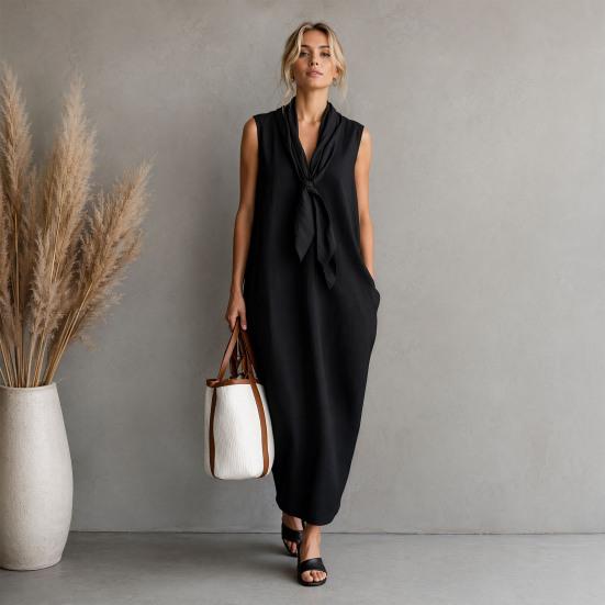 Maxi Abito da Donna con Scollo a V e Nodo sul Davanti, Abito Estivo Senza Maniche Ampio, Casual Fluido da Viaggio Vacanza Lungo con Tasche
