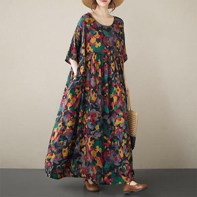 Korte mouw Plus size katoen vintage bloemen nieuw in jurken voor dames casual losse lange zomerjurk