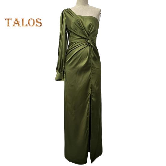 Lady Evening Dress One Shoulder Sleeveless Split Hem Solid Color Slim Waist Pleated Solid Color Off Shoulder Prom Cocktail Party Maxi Dress Ball Gown