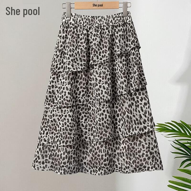 Women s Retro Ruffled Leopard Print Midi Skirt One Size