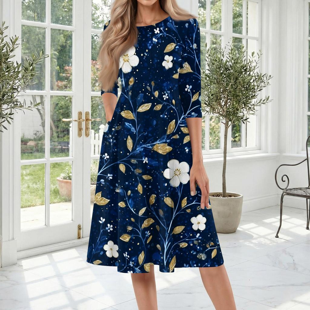 Women's Casual Fashion Round Neck Three Quarter Sleeve Printed Midi Dress