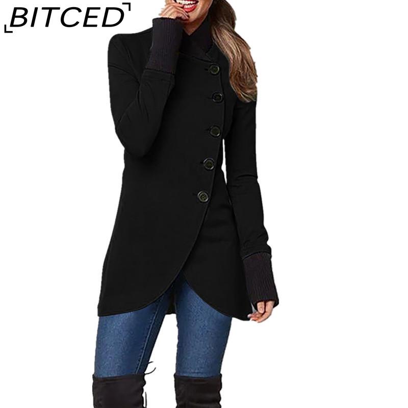 BITCED Women's  Autumn/Winter Solid-Colour Single-Breasted Long-Sleeved Coat with Patchwork Hem and Slit