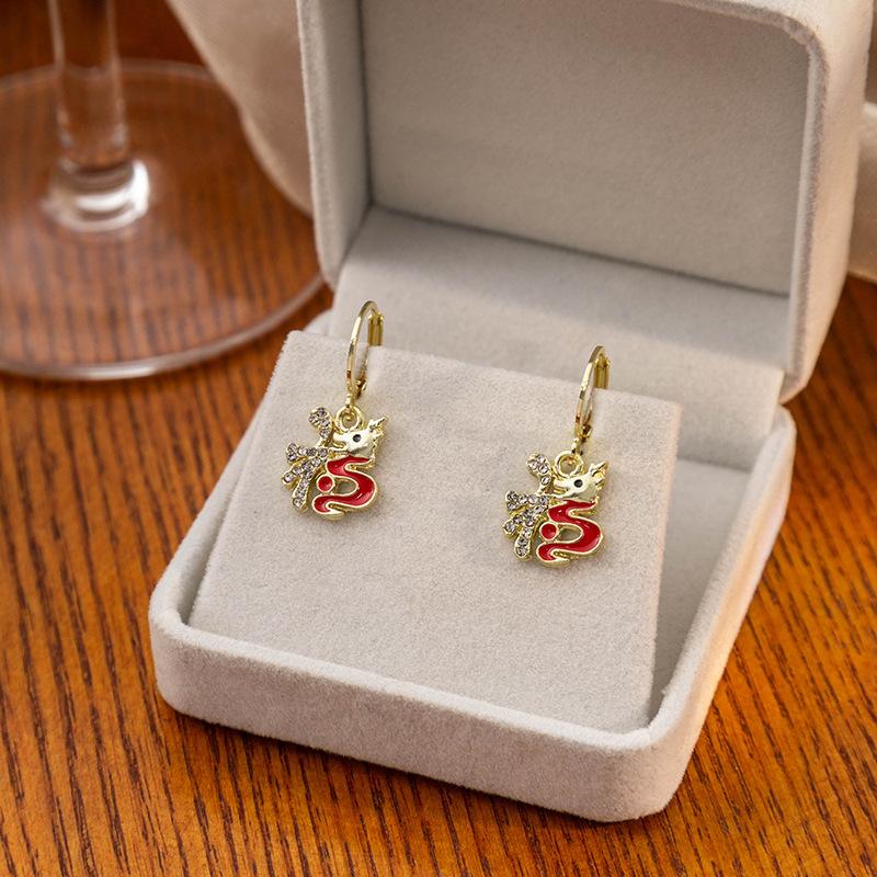 Праздничные Серьги на Новый Год Дракона в Китайском Стиле, Инкрустированные Алмазами, Красные Высококлассные Серьги-Застежки с Пожеланиями на Новый Год