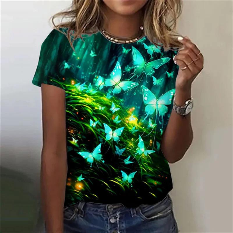 Summer Round Neck Butterfly Pattern 3D Print Top Fashionable Casual Short Sleeved Women's T-shirts