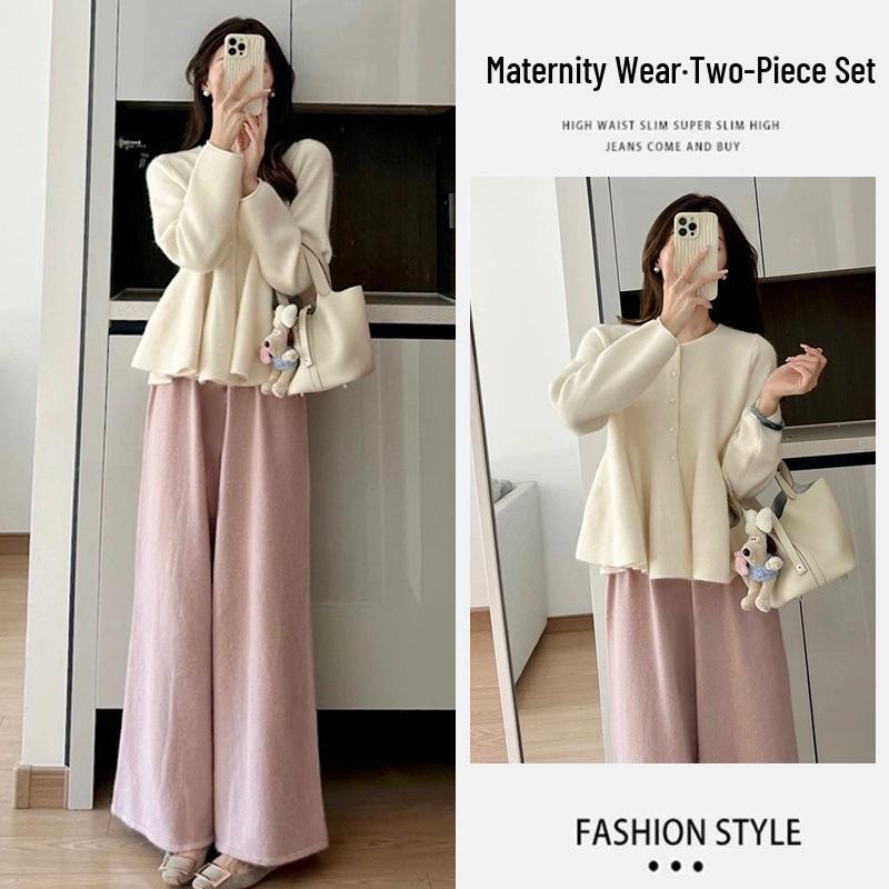 Set Pulover Tricotat Toamnă/Iarnă și Pantaloni Maternitate cu Picior Larg