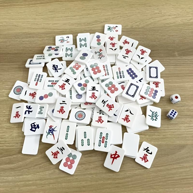 Travel Mahjong Tile Set Portable 144 PCS Mini Mahjong Game Tiles 4 Mahjong Racks Canvas Storage Bag Dices On-The-Go Game