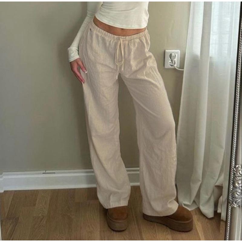 Casual Basic White Pants Women Baggy Low Waist Straight Trousers Solid Color Thin Linen Wide Leg Pantalones Ladies Spring Summer Trouser