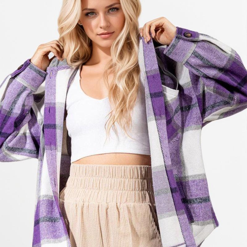 Herbst Damen Plaid Bedruckte Kapuze Patchwork Langarm Lose Tweed Jacke