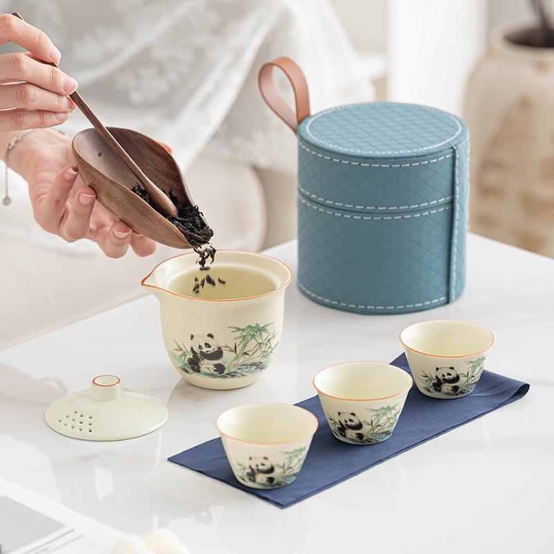 Ru Kiln Panda Tea Set New Chinese Retro Portable Tea Set One Pot Three Cups Hand Grab Pot Kung Fu Tea Set Gift
